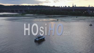 Boat On Dnieper River At Sunset - Video Drone Footage