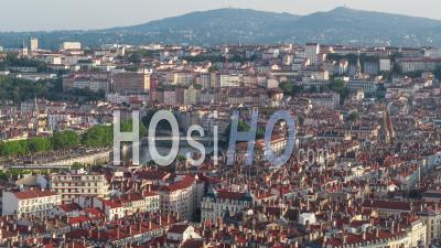 Establishing Aerial View Shot Of Lyon Fr, Auvergne-Rhone-Alpes, France - Video Drone Footage