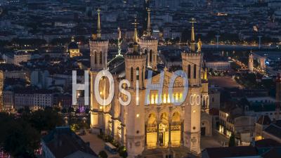 Night Evening, Flying Views From Fourviere Hill, Establishing Aerial View Shot Of Lyon Fr, Auvergne-Rhone-Alpes, France - Video Drone Footage