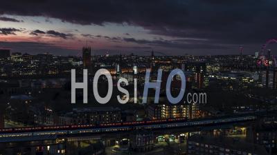  Palace Of Westminste, Aerial View Shot Of London Uk, United Kingdom, Great Britain At Night Evening - Video Drone Footage