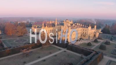 Aerial View Of Lednice Castle, Moravia, Czechia. Unesco Cultural Heritage. - Video Drone Footage