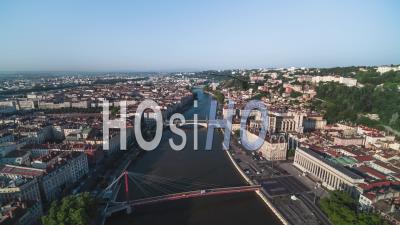 Establishing Aerial View Shot Of Lyon Fr, Auvergne-Rhone-Alpes, France, Capital Of Food, Sunny Day - Video Drone Footage