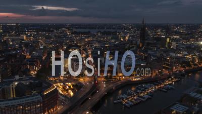 Night Evening At Hamburg, Establishing Aerial View Shot Of Hamburg De, Mecklenburg-Western Pomerania, Germany - Video Drone Footage
