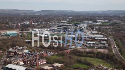 Etihad Stadium, Establishing Aerial View Shot Of Manchester Uk, United Kingdom Overcast, Home Of Premier League Club Manchester City F.C - Video Drone Footage