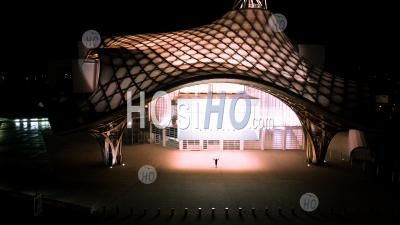 Aerial View Of The Centre Pompidou-Metz , Filmed By Drone In Winter, By Night, Metz (centre-Gare), In France