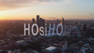 Sunset Vibes, Establishing Aerial View Shot Of Manchester Uk, City Skyline England United Kingdom - Video Drone Footage