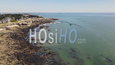 Le Pouliguen Seaside Coast Rocks In Springtime, France - Drone Point Of View