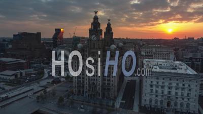 Stunning Sunrise, Establishing Aerial View Shot Of Liverpool Uk, Merseyside, England United Kingdom - Video Drone Footage