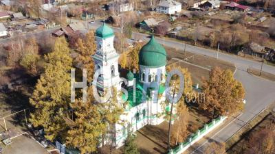 Aerial View Of The Church Of The Archangel Michael. City Of Kushva. Russia - Video Drone Footage