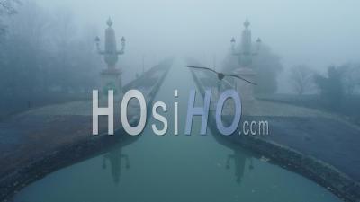 Pont-Canal De Briare In The Fog On Autumn, Briare, France - Drone Point Of View
