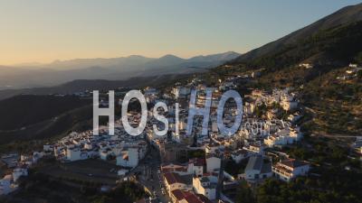 Aerial Drone View Of Spain, Spanish Town In Mountains At Sunset, Costa Del Sol, Andalusia (andalucia), Europe, Traditional White Houses And Homes Popular In Property Real Estate Housing Market, Europe