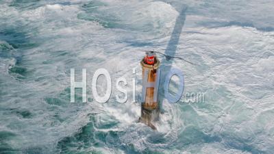 Winter Storm Against The Nividic Lighthouse In Ushant - Video Drone Footage
