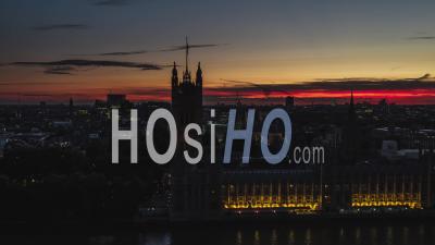 Westminster, British Parliament, Establishing Aerial View Shot Of London Uk, United Kingdom Superb Sunset - Video Drone Footage