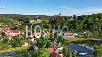 Chatel Censoir, Village And Canal Du Nivernais, Burgundy, Yonne, France - Drone Point Of View