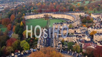 Aerial View Over Bath, Filmed By Drone, The Circus And Royal Crescent, Somerset, England
