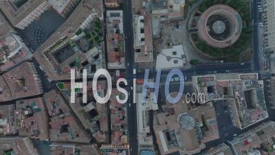 Birds Eye Shot Of Historic Buildings And Sights In City Centre. Fly Over San Carlo Al Corso And Mausoleum Of Augustus. Rome, Italy - Video Drone Footage