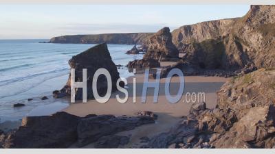 United Kingdom, Cornwall, Rugged Cornish Coastline And Rock Stacks At Bedruthan Steps - Video Drone Footage