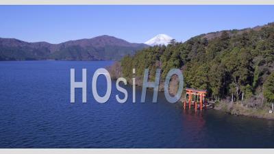 Lake Ashinoko With Mount Fuji, Fuji-Hakone-Izu National Park, Hakone, Honshu, Japan - Video Drone Footage