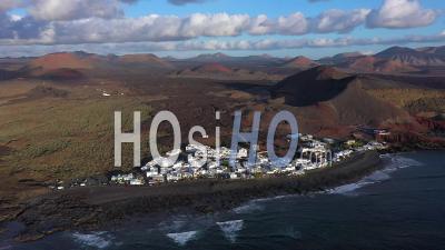 Spain, Canary Islands, Lanzarote, El Golfo Village, Timanfaya National Park - Video Drone Footage