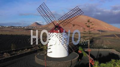 Spain, Canary Islands, Lanzarote, Tiagua, Traditional Windmill - Video Drone Footage