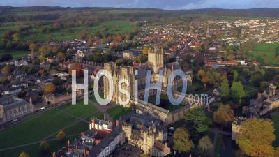 Aerial Over Wells And Wells Cathedral, Somerset, England - Video Drone Footage