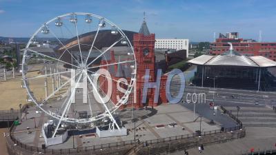 Cardiff Bay, Pierhead Building And Welsh Assembley, Wales - Video Drone Footage