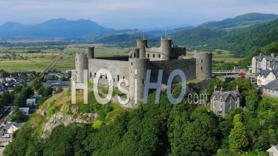 Aerial Of Harlech Castle, Harlech, Gwynedd, North Wales - Video Drone Footage