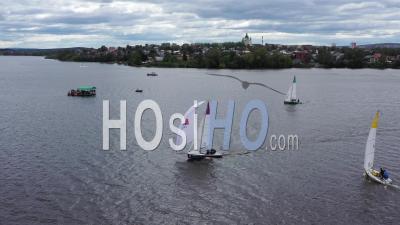 Top View Of Sailing Yacht. Sailing Regatta. Flying Over Yachts - Video Drone Footage