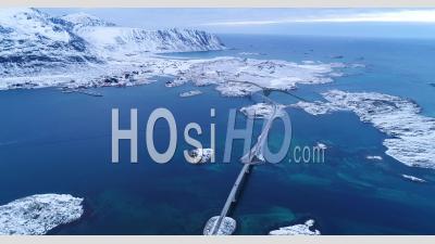 An Aerial View Shows The Wintry Lofoten Islands, Norway Covered In Snow - Video Drone Footage