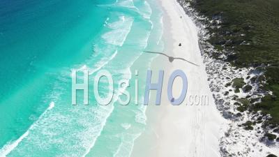 2020 - Cars And Trucks Driving On The White Sands Of Wharton Bay As Clear Blue Water Laps The Shore In Esperance, Australia - Video Drone Footage