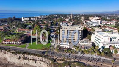 Aerial Of The University Of California Santa Barbara Ucsb College Campus, With Storke Tower Distant And Research Buildings - Video Drone Footage