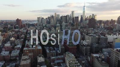 2021 - Excellent Aerial Shot Of The Freedom Tower And Other Skyscrapers At Sunset In Noho, New York City - Video Drone Footage