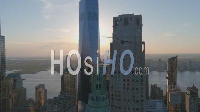 2022 - Beautiful Rising Aerial Of The Freedom Tower In New York City At Sunset - Video Drone Footage