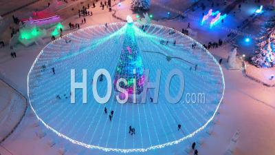 Christmas Tree In The Central Square Of The City. View From Above - Video Drone Footage