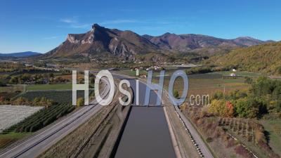 Edf Canal In Sisteron (durance) And A51 Motorway In Autumn, Viewed From Drone