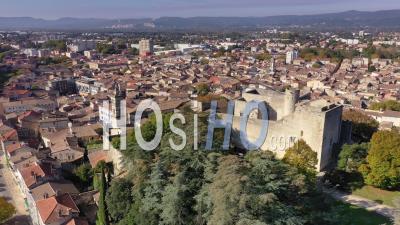 Montelimar With Adhemar Castle Or Chateau Des Papes, Rhone Valley, Ardeche, France - Drone Point Of View