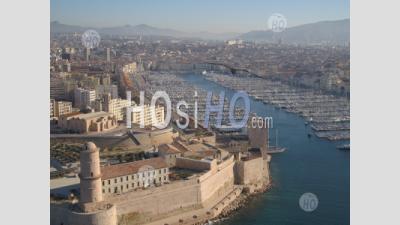 General View Of The Old Port, With The Fort-Saint-Jean, Marseille, Bouches-Du-Rhone, France - Aerial Photography