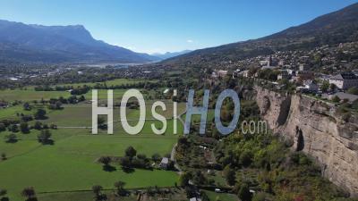 The Town Of Embrun Sur Son Roc, Hautes-Alpes, France, Viewed From Drone