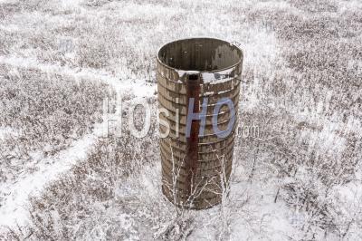 Old Silo In Winter On Michigan Farm - Aerial Photography