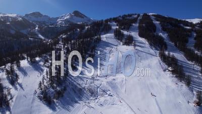 Serre Chevalier Ski Resort (guisane Valley, Chantemerle Sector), Briançonnais, In Winter, Hautes-Alpes, France, Viewed From Drone