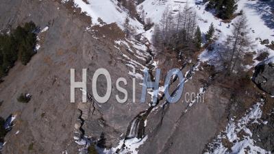 Torrent Du Rif Waterfalls (guisane Valley, Alpe Du Lauzet), Briançonnais, In Winter, Hautes-Alpes, France, Viewed From Drone