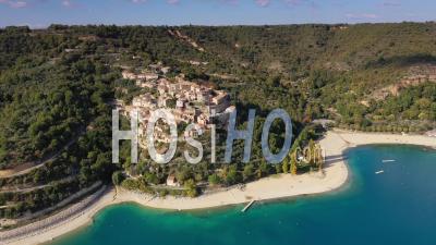 Sainte-Croix-Du-Verdon With Sainte-Croix Lake, Alpes-De-Haute-Provence, France - Drone Point Of View
