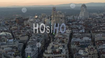 Sunset In Gran Via Street, Madrid - Aerial Photography