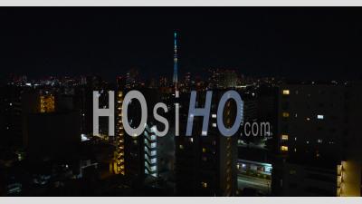 Night Aerial Over Tokyo With Skytree Visible - Video Drone Footage