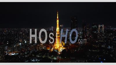 Aerial Of Tokyo Tower At Night In Japan - Video Drone Footage