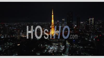 Aerial Of Tokyo Tower At Night In Japan - Video Drone Footage