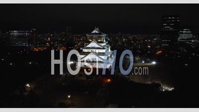 Pan Of Osaka Castle At Night In Japan - Video Drone Footage