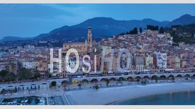 Menton, The Old Town Dominated By The Basilica Of Saint Michel, Alpes-Maritimes, France - Video Drone Footage