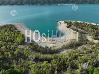 Lower Water Levels, Sainte Croix Dry Lake And Les Salles-Sur-Verdon Village, Verdon Regional Nature Park During The 2022 Drought, Var, France - Aerial Photography