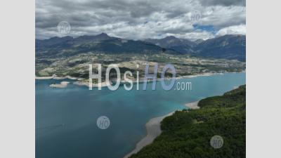 The Serre-Poncon Lake At Pontis Towards Sauze-Du-Lac, Hautes-Alpes, France - Aerial Photography